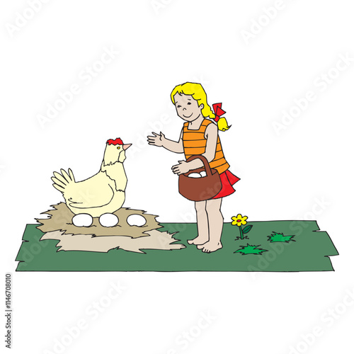 Cartoon characters of girl Picking Eggs vector design