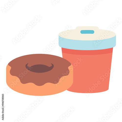 chocolate flavour donut with cup of coffee flat illustration