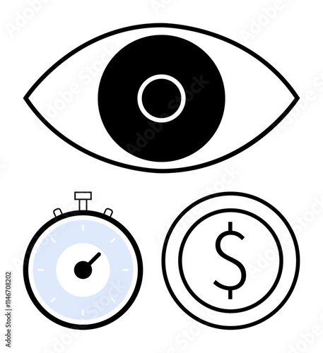 Eye stopwatch and dollar coin symbolize vision time management and financial value. Ideal for business, finance, planning, productivity, goal setting, efficiency, time management. Line metaphor