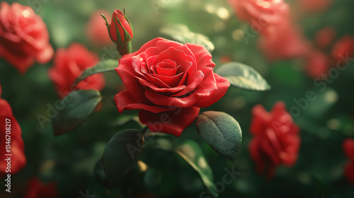 Beautiful Red Rose Bouquet with Soft Red Petals and Rich Green Foliage