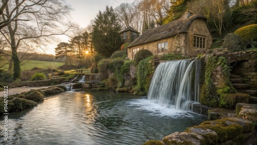 A charming stone cottage nestled beside a cascading waterfall with the sun setting over a verdant landscape.