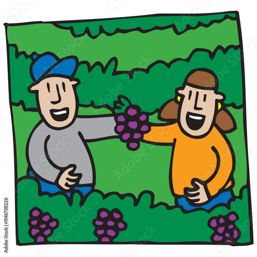 Cartoon characters of farmers Picking Grapes vector design