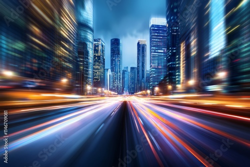 A dynamic cityscape at dusk, showcasing vibrant lights and motion on a bustling road.