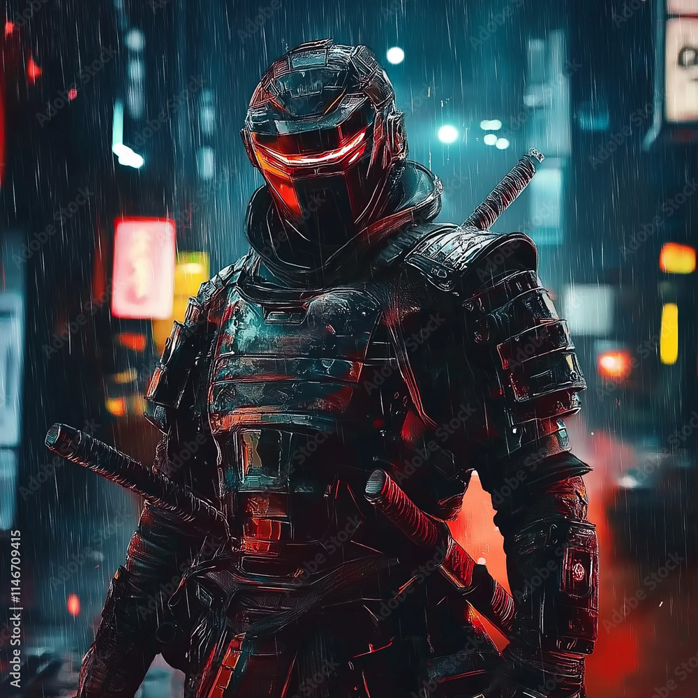 A cyberpunk samurai in full armor A cyberpunk samurai in full armor