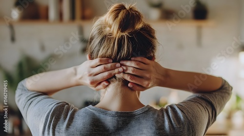 A half-body image of a woman gripping the back of her neck with both hands, her expression reflecting chronic neck pain