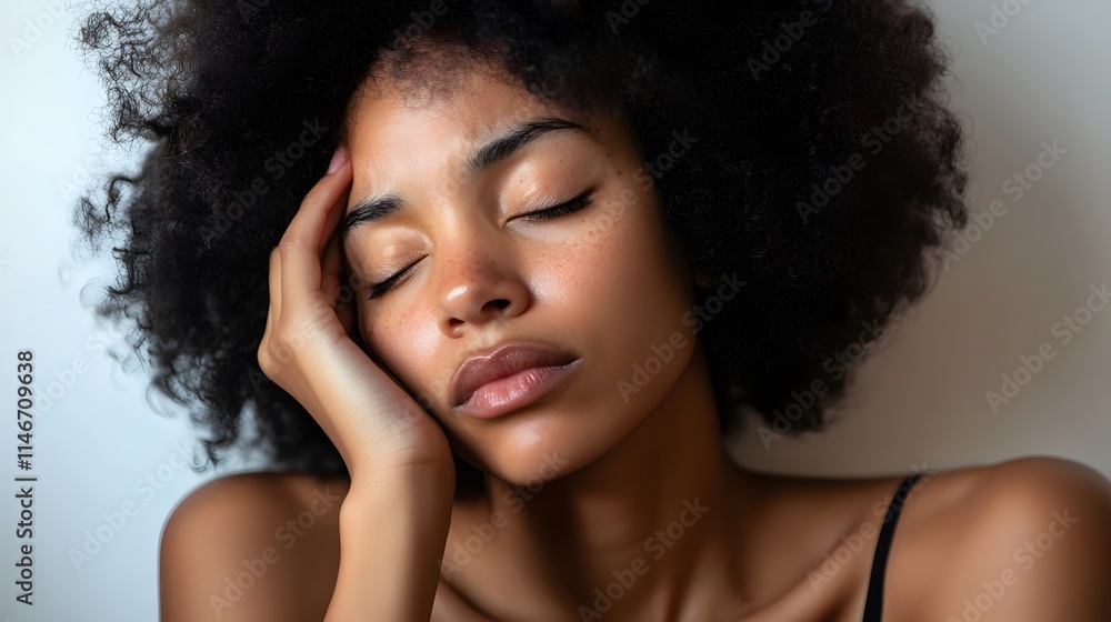 A half-body image of a woman resting her forehead on her hand, her expression showing signs of exhaustion and pain