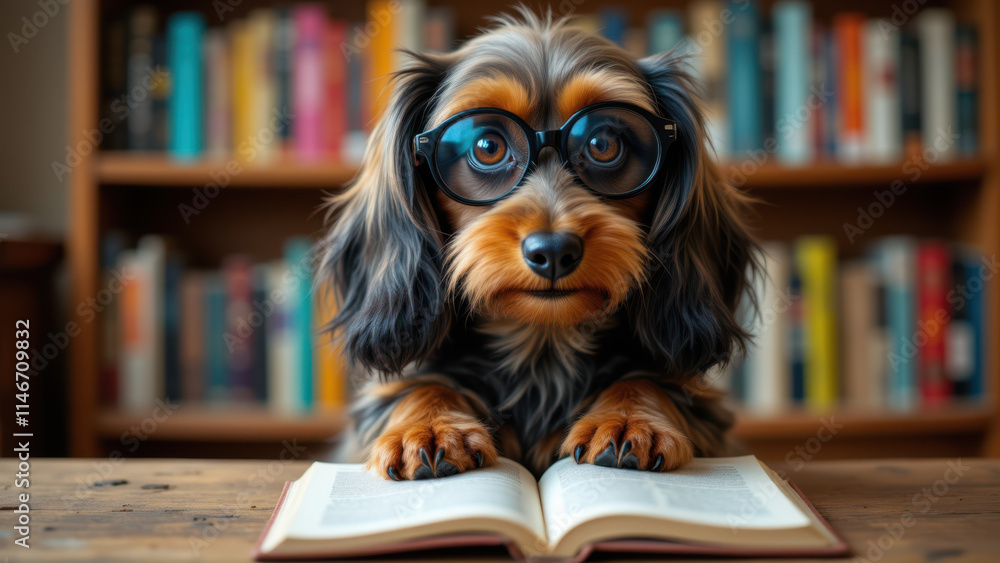 A long-haired dachshund with glasses reading a book.