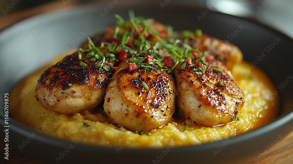 Grilled Chicken Breast Slices Served Over Creamy Polenta Grilled Chicken Breast Slices Served Over Creamy Polenta