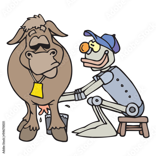 Cartoon characters of robot milking cow vector design