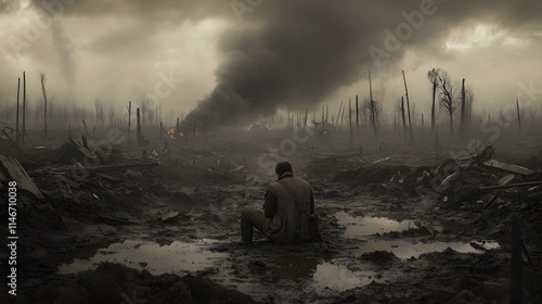 A man kneeling in the mud of a desolate battlefield, surrounded by burnt-out debris and thick, choking smoke photo