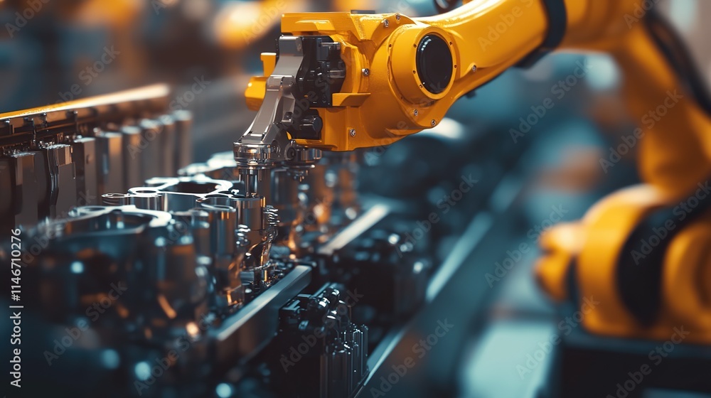A robotic arm assembling engine parts in a cutting-edge manufacturing plant. A robotic arm assembling engine parts in a cutting-edge manufacturing plant.