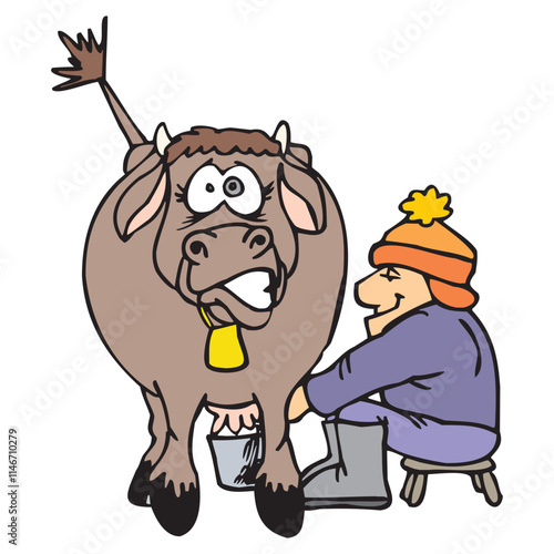 Cartoon characters of man milking cow vector design