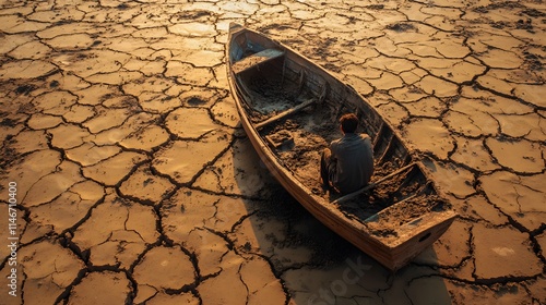 A person sitting in a rusted boat stranded on dry land, staring at the cracked earth surrounding them photo