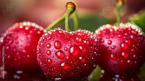 Close-up of cherries with dew droplets, their vibrant red tones contrasting against a blurred backdrop of orchard greenery. photo