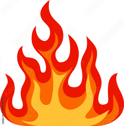 Bright stylized flames rising against a white background, radiating warmth and inviting energy with vibrant reds, oranges, and yellows, creating dynamic and captivating shapes
