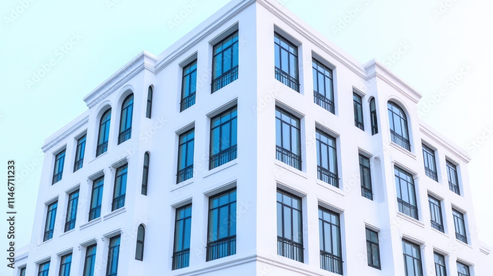 Modern white building with many windows and arched details. Modern white building with many windows and arched details.