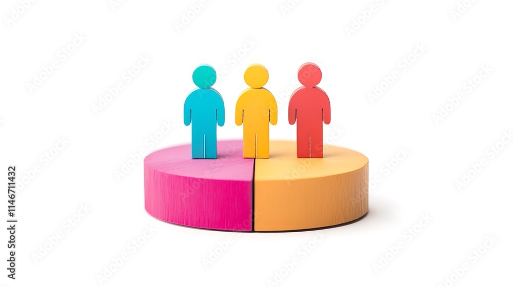 Three colorful figures stand on a segmented pie chart, symbolizing representation, diversity, and teamwork in data analysis or demographics. Three colorful figures stand on a segmented pie chart, symbolizing representation, diversity, and teamwork in data analysis or demographics.