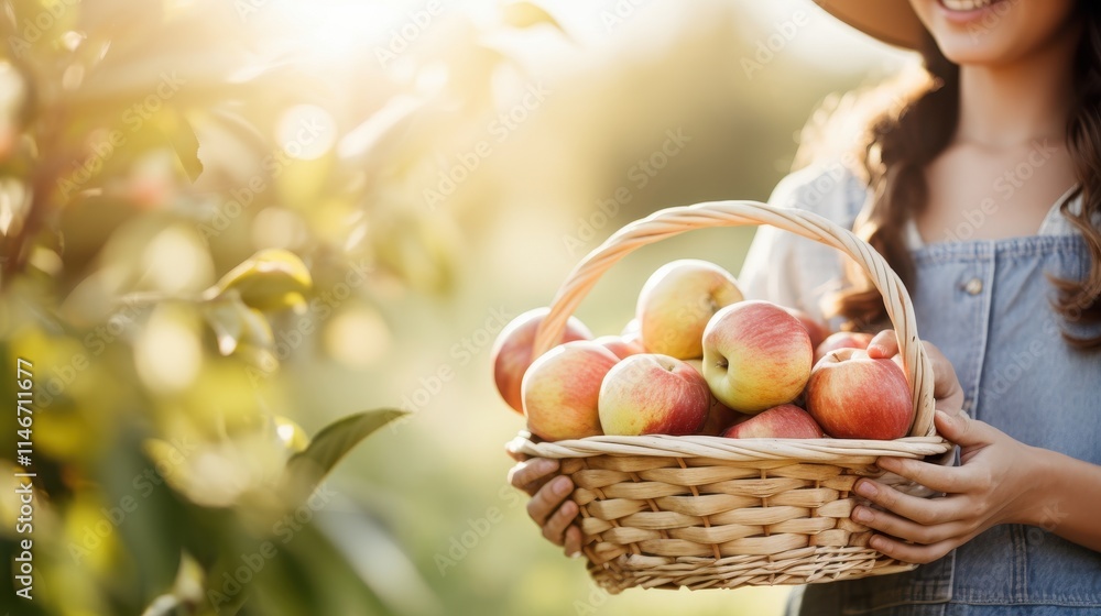 Cheerful young woman in overalls holding a basket of fresh apples in blossoming orchard Cheerful young woman in overalls holding a basket of fresh apples in blossoming orchard