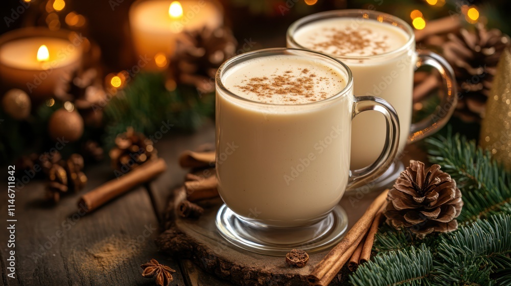 Two mugs of eggnog with cinnamon and candles. Two mugs of eggnog with cinnamon and candles.
