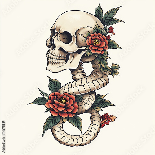 Skull and Snake Sleeve tattoo flash illustration photo