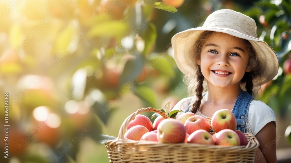 Joyful Young Woman in Overalls Holding Basket of Freshly Picked Apples in Sunny Orchard Joyful Young Woman in Overalls Holding Basket of Freshly Picked Apples in Sunny Orchard
