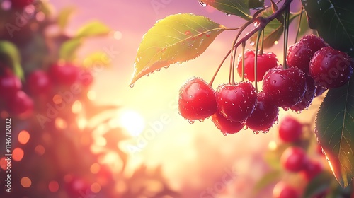 Dew-covered cherries on a vine, the vibrant red fruit glistening against a soft-focus sunrise sky in the background. photo