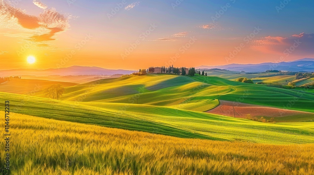 Obraz premium Tuscan Sunrise: Rolling Hills and Golden Wheat Fields