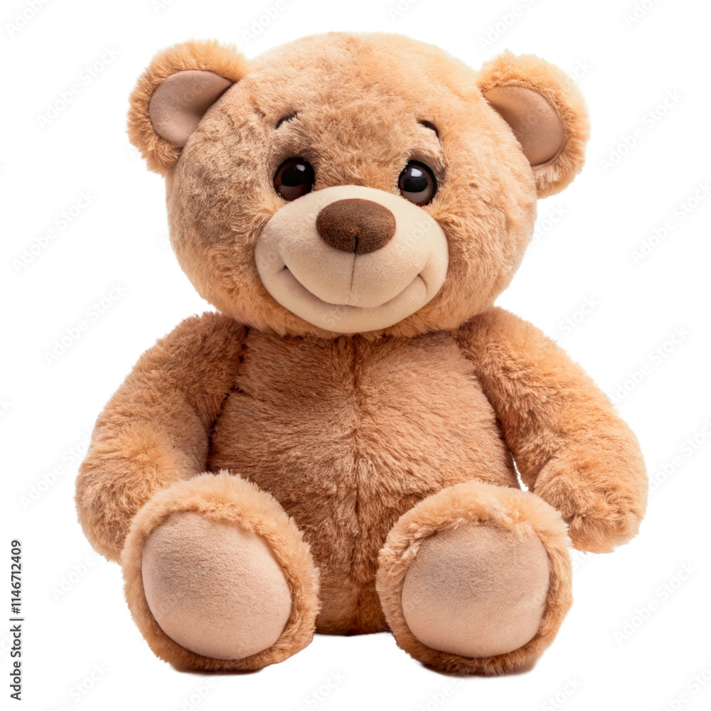 Obraz premium A plush teddy bear in light brown with a cute smile and big shiny eyes.