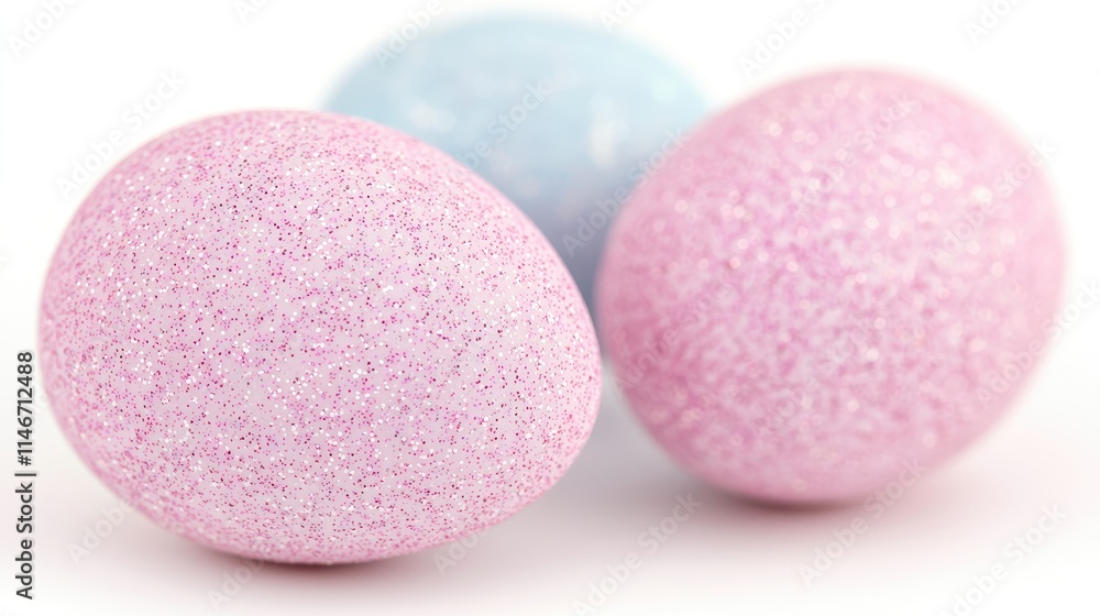 Three pastel-colored speckled Easter eggs on white background. Three pastel-colored speckled Easter eggs on white background.