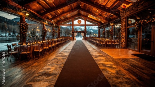 Elegant wedding reception venue with mountain views, long tables, and a runner.