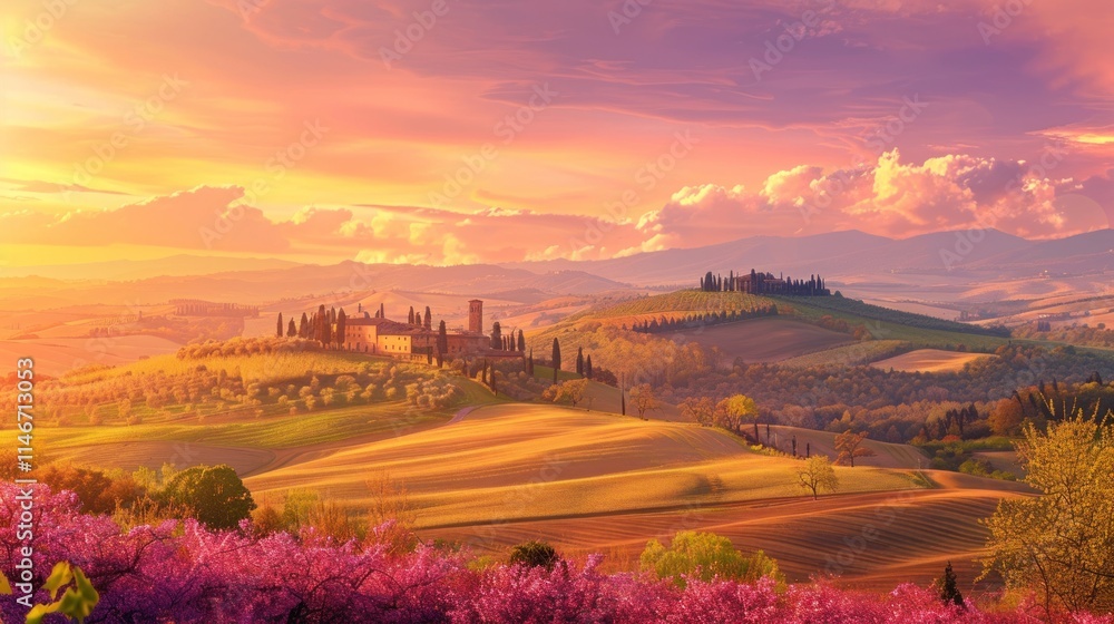 Fototapeta premium Tuscan Sunset: Golden Hills and Blossoming Spring