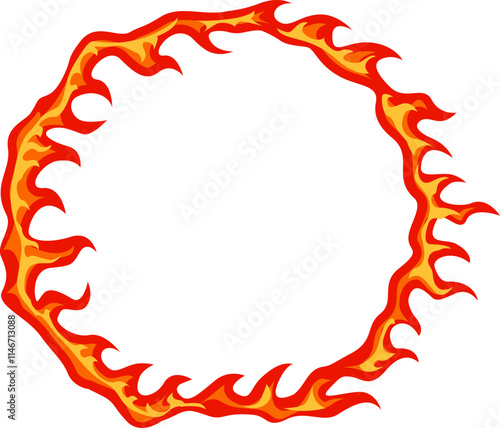 Bright orange and red stylized flames create a burning circular frame on a white background, providing a vibrant and energetic design element