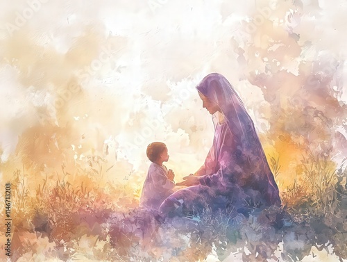 Watercolor painting of a mother and child in a serene meadow, bathed in soft sunlight and pastel hues. Perfect for themes of love, bonding, and tranquility. photo