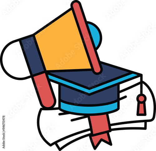 Illustration in concept of Megaphone and graduation cap in line style