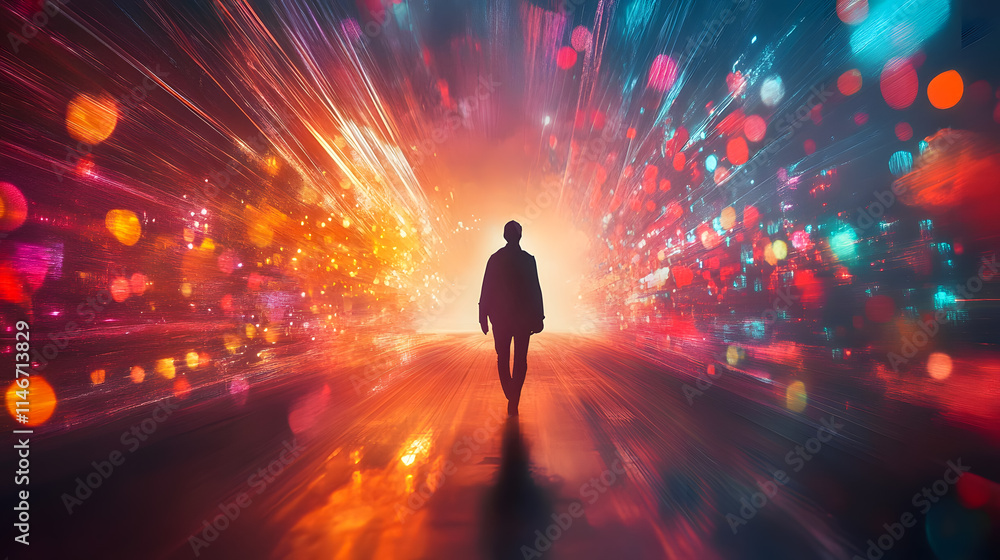 A lone figure walks toward a vibrant light source in an abstract digital landscape filled with colorful bokeh and dynamic glowing particles A lone figure walks toward a vibrant light source in an abstract digital landscape filled with colorful bokeh and dynamic glowing particles