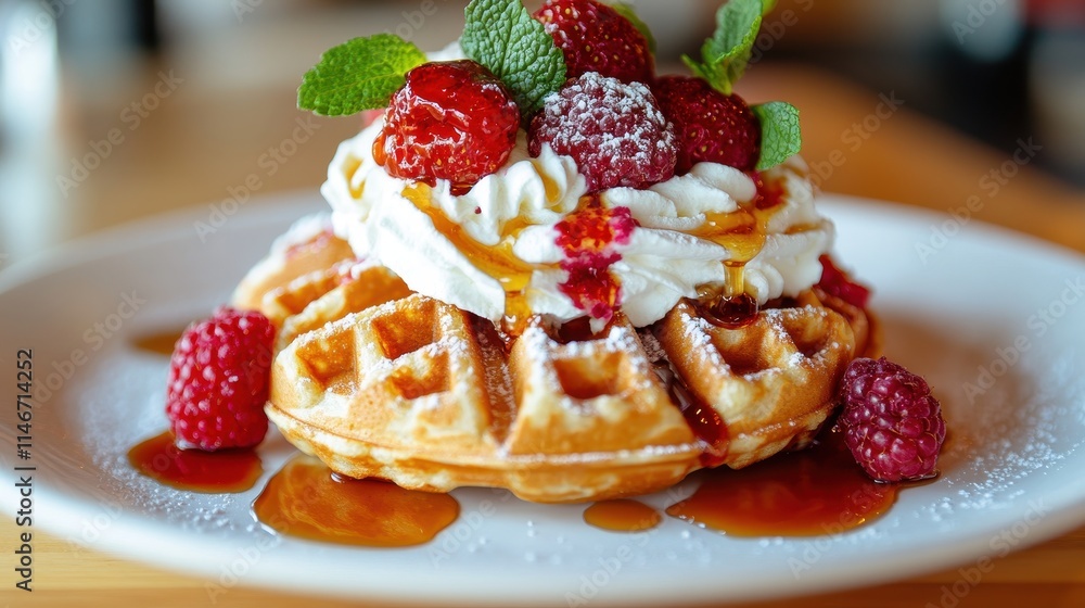 A delicious waffle topped with whipped cream, fresh raspberries, and mint, served on a white plate, drizzled with syrup. A delicious waffle topped with whipped cream, fresh raspberries, and mint, served on a white plate, drizzled with syrup.