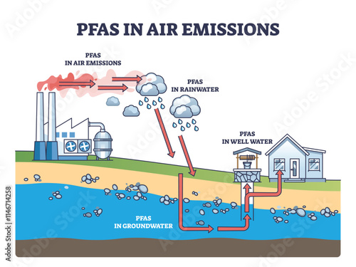 PFAS emissions diagram shows pollution from factories to air, rainwater, and groundwater. Key objects, factory, rain, groundwater. Outline diagram