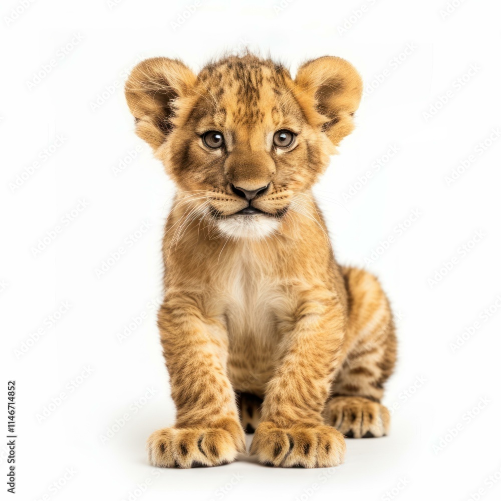 Adorable lion cub sitting and looking at the camera on white background Adorable lion cub sitting and looking at the camera on white background