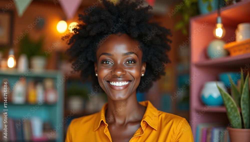 Black small business owner smiling at the camera in her shop Black small business owner smiling at the camera in her shop