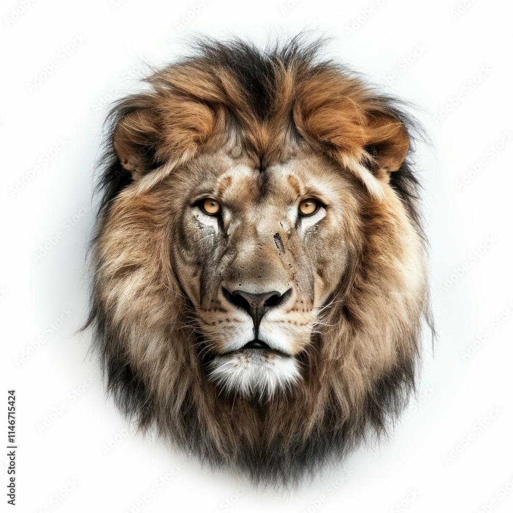 Portrait of a magnificent male lion with a penetrating gaze, isolated against a white backdrop Portrait of a magnificent male lion with a penetrating gaze, isolated against a white backdrop