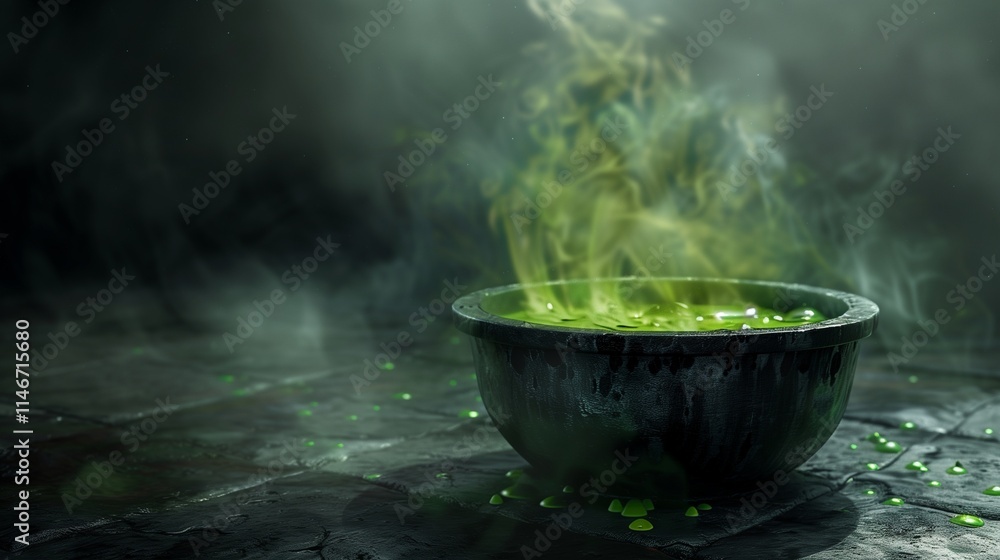 A realistic cauldron with bubbling green liquid, isolated on a misty black surface. A realistic cauldron with bubbling green liquid, isolated on a misty black surface.