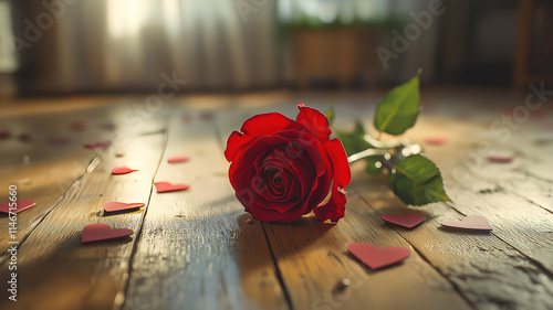 Wallpaper Mural Romantic St. Valentine's Day background with a red rose and scattered heart notes on wooden floor Torontodigital.ca