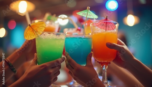 A lively gathering of hands raises colorful cocktails adorned with tiny umbrellas, celebrating friendship and joy. The vibrant hues of green, blue, and orange drinks create a festive atmosphere photo