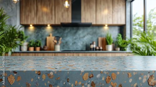 Product mock up countertop in pastel turquoise terrazo against a blurred rustic kitchen.