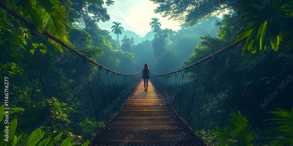 Fototapeta premium A solo traveler on a suspension bridge in a lush tropical rainforest gazes at towering trees in awe, evoking peace and wonder. Ideal for ecotourism promotion or inspiring personal travel adventures.