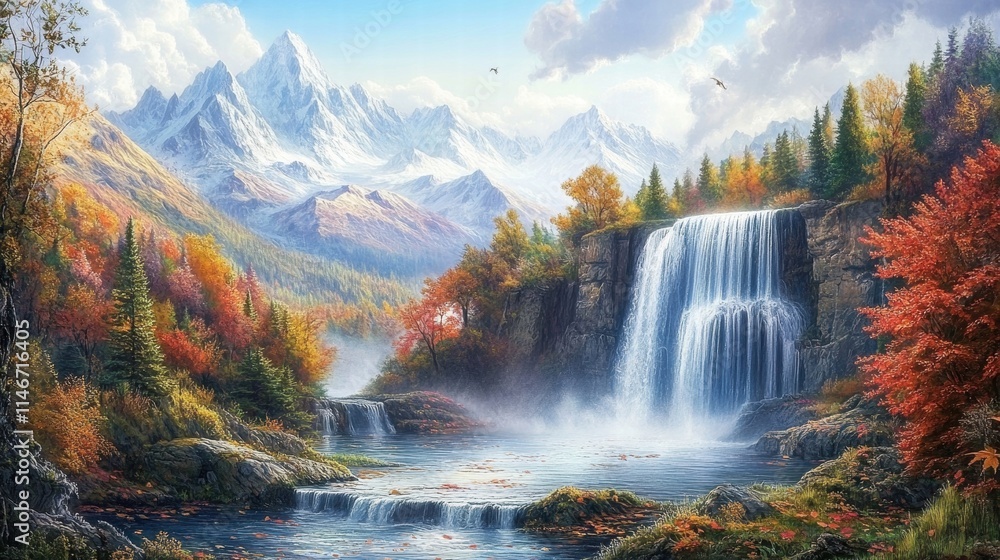 Fototapeta premium autumn waterfall landscape painting majestic mountains fall foli