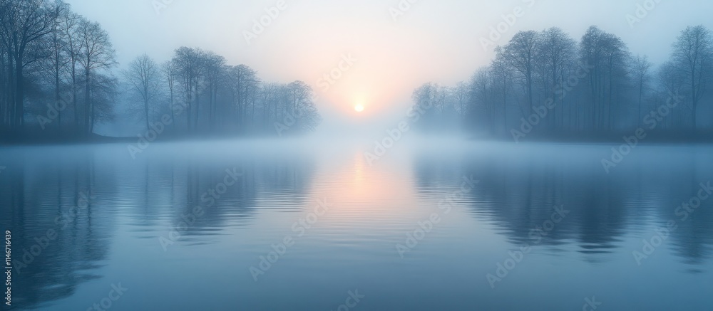 Misty sunrise over calm lake with trees reflected in water. (1) Misty sunrise over calm lake with trees reflected in water. (1)