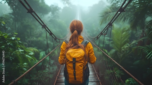 A solo traveler on a suspension bridge in a lush tropical rainforest gazes at towering trees in awe, evoking peace and wonder. Ideal for ecotourism promotion or inspiring personal travel adventures.