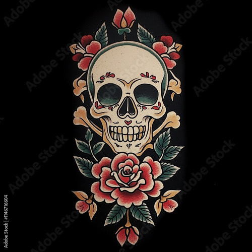 Skull and Rose Sleeve tattoo flash illustration photo