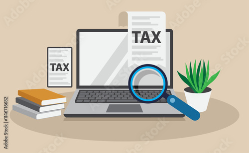 Tax preparation process featuring a laptop, documents, and office supplies in a modern setting